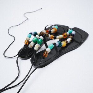 Black Zara Bead Embellished Strap-Ankle Low Heel Squared-Toe Sandals (NWT)